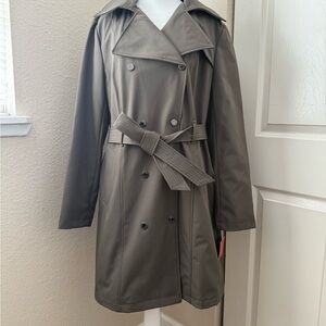 Calvin Klein army green women’s belted trench with hood.